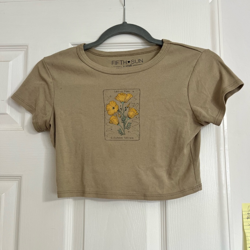 Fifth Sun Olive Crop Tee with Yellow Poppy Artwork